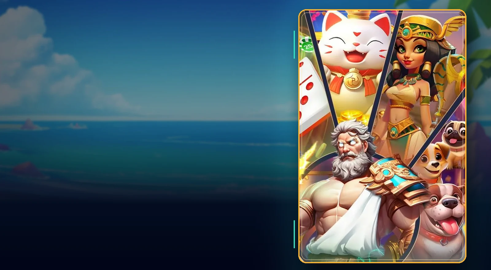 Panel artwork resmi gowin: kucing rezeki, ratu emas, dewa petir, dan dua anjing pug di atas pemandangan laut tropis