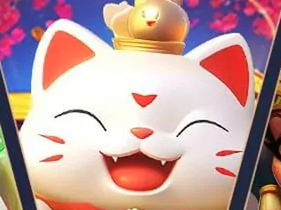 Karakter kucing keberuntungan putih dengan koin emas dan kalung jimat