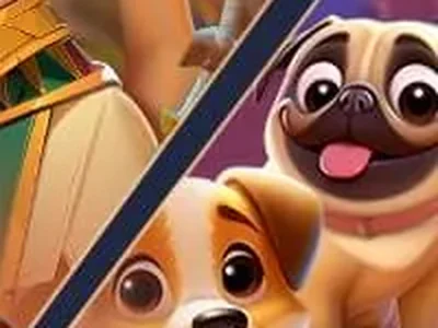 Dua anjing pug cokelat dan krem di antara panel artwork